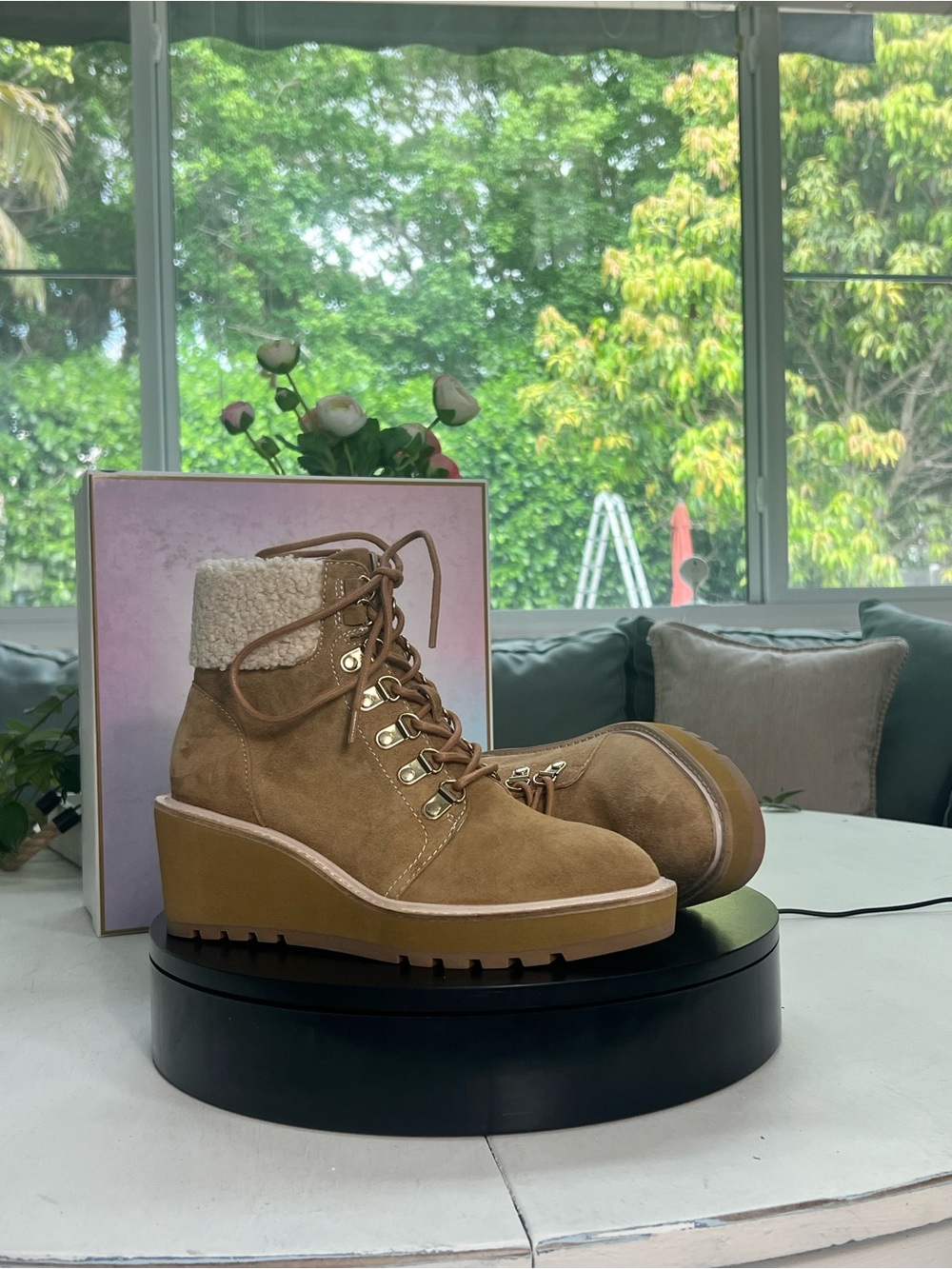 CECElIA NEW YORK Tan Suede Lace-Up Wedge Boots with Sherpa Cuff